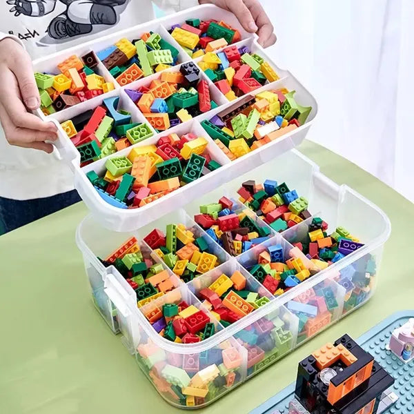 3 szintes műanyag játék- és építőkocka tároló, rekeszes, fogantyúval