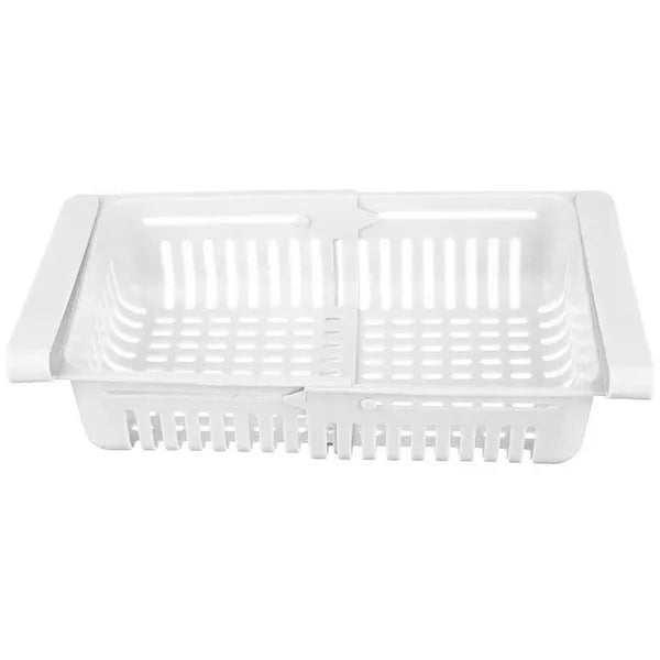 Állítható hűtőszekrény fiókszervező, polcra rögzíthető, 20–28 cm, fehér, PP