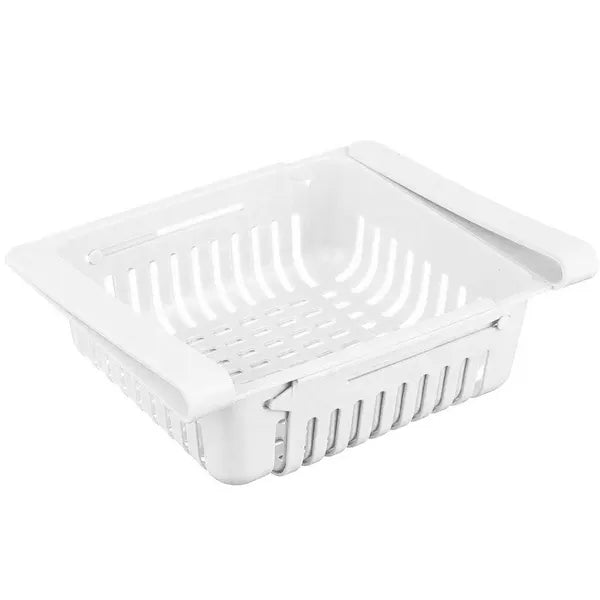 Állítható hűtőszekrény fiókszervező, polcra rögzíthető, 20–28 cm, fehér, PP