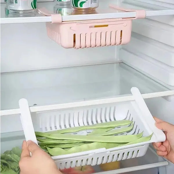 Állítható hűtőszekrény fiókszervező, polcra rögzíthető, 20–28 cm, fehér, PP