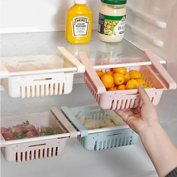 Állítható hűtőszekrény fiókszervező, polcra rögzíthető, 20–28 cm, fehér, PP