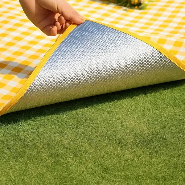 Vízálló, összecsukható strand- és piknikszőnyeg 196×148 cm, párnás, fehér-sárga
