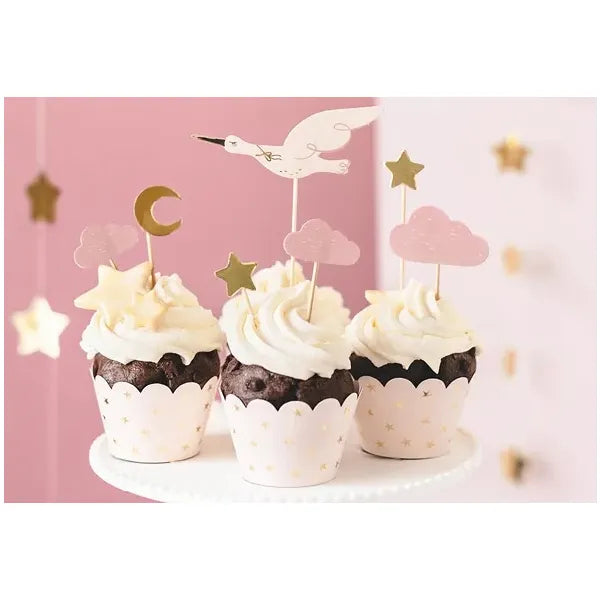 Gólya mintás muffin beszúró dekoráció, 11–12 cm, 7 db