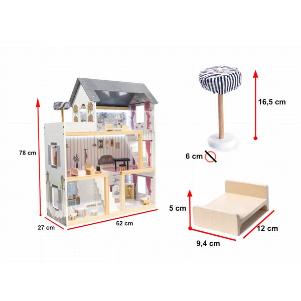 Fekete fa babaház bútorokkal, LED világítással, 78 cm