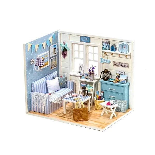 DIY fa babaház nappali LED világítással, modell 3016, 15,02 cm
