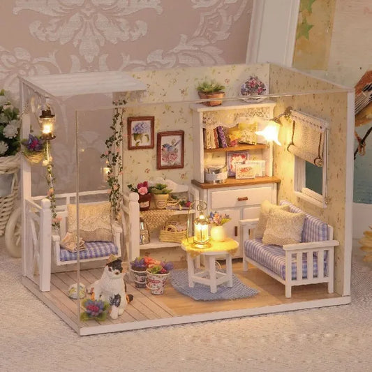 Fa babaszoba retro stílusban, LED világítással, DIY, 13 cm (3013)