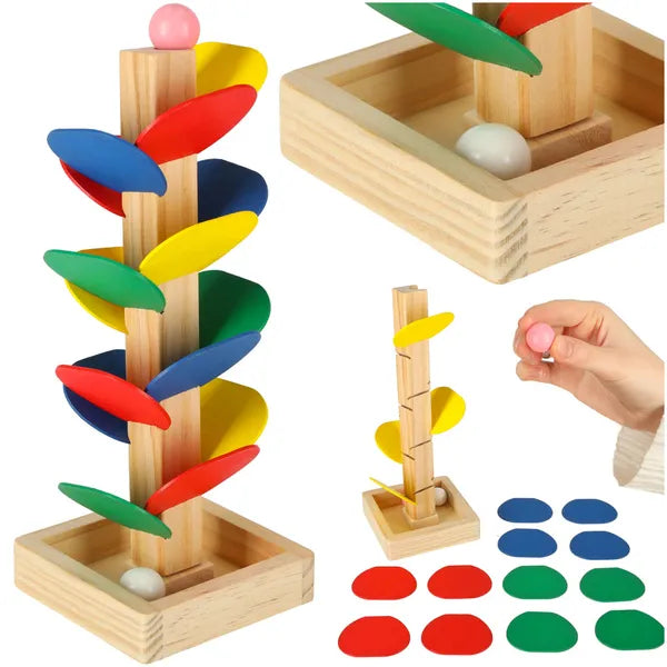 Montessori fa golyópálya tanulófa, 21 cm, színes levelekkel