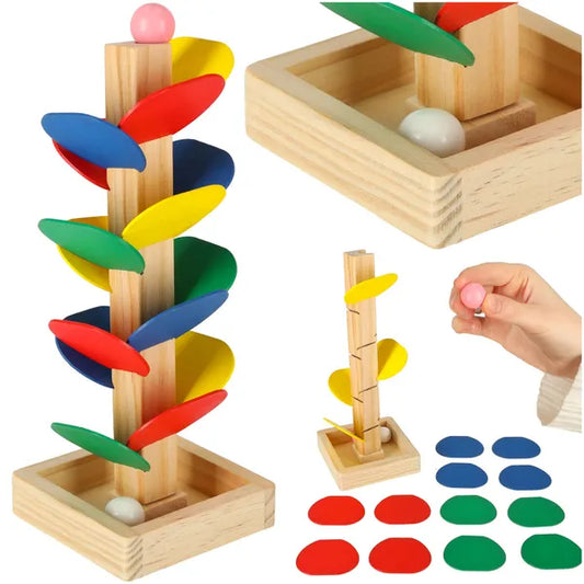 Montessori fa golyópálya tanulófa, 21 cm, színes levelekkel