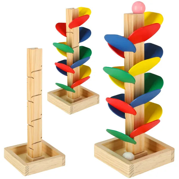 Montessori fa golyópálya tanulófa, 21 cm, színes levelekkel