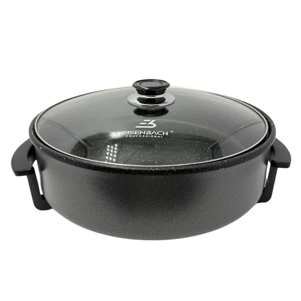 Elektromos pizzasütő serpenyő 36 cm, 1500 W, tapadásmentes, üvegfedő