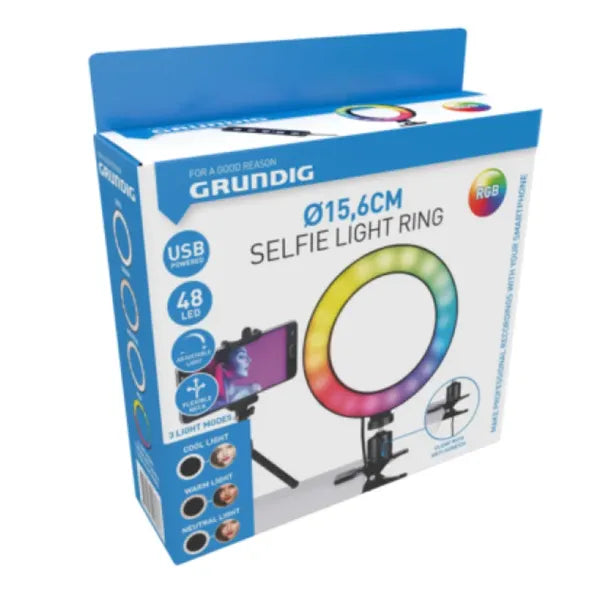 RGB csíptetős gyűrűs lámpa, 16 cm, USB, 48 LED, dimmelhető