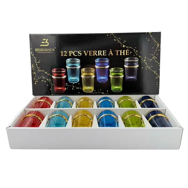 12 részes színes török teás pohárkészlet arany szegéllyel, 160 ml