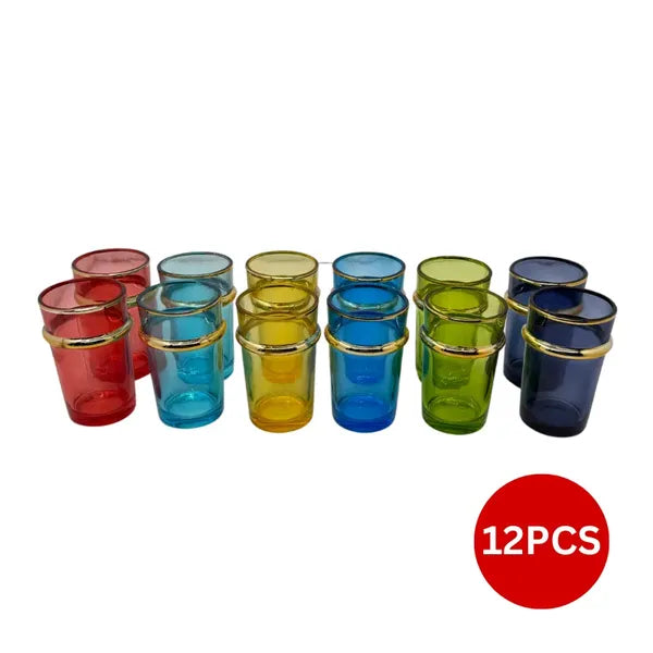 12 részes színes török teás pohárkészlet arany szegéllyel, 160 ml