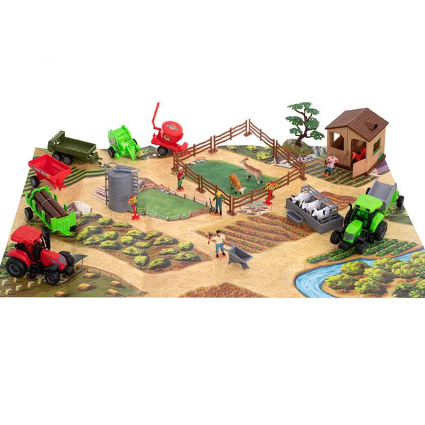 49 részes farm játékszett traktorokkal, állatokkal, 100×70 cm játékszőnyeg