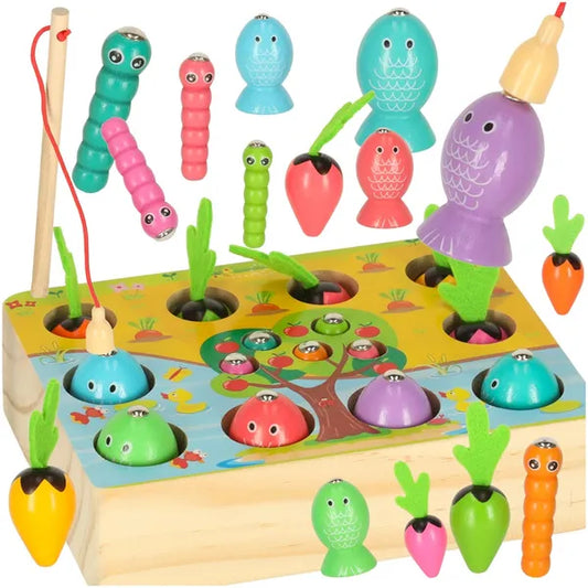 Fából készült Montessori mágneses horgász- és kertészjáték 16×12 cm