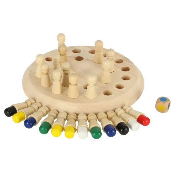 Fa memória társasjáték színes bábukkal és dobókockával, 24 db, Montessori