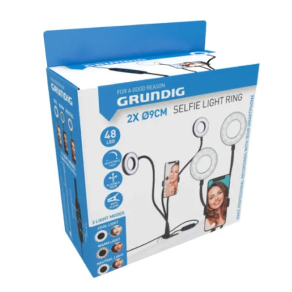 Grundig 2 az 1-ben dupla LED gyűrűfény telefoncsíptető, 3 fényerő, USB