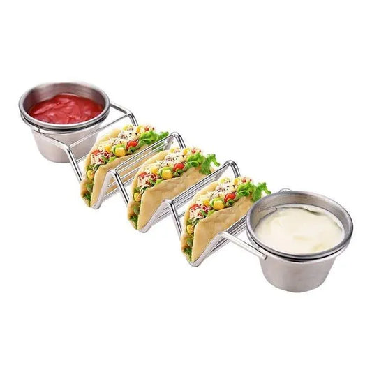 Rozsdamentes acél taco tartó 3 férőhellyel, 2 szószcsészével, sütőálló