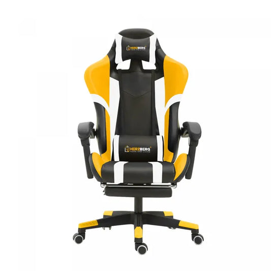 Ergonomikus gamer- és irodai szék, sárga, lábtartóval, 90-140° döntés, 120 kg