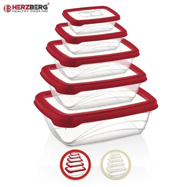 Herzberg Bio Saver 5 részes légmentes BPA-mentes ételtároló doboz szett, piros