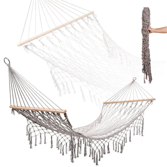 Boho szürke hálós függőágy rojtokkal, fa rúd, 200×100 cm, 150 kg