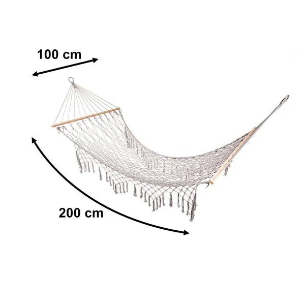 Boho szürke hálós függőágy rojtokkal, fa rúd, 200×100 cm, 150 kg