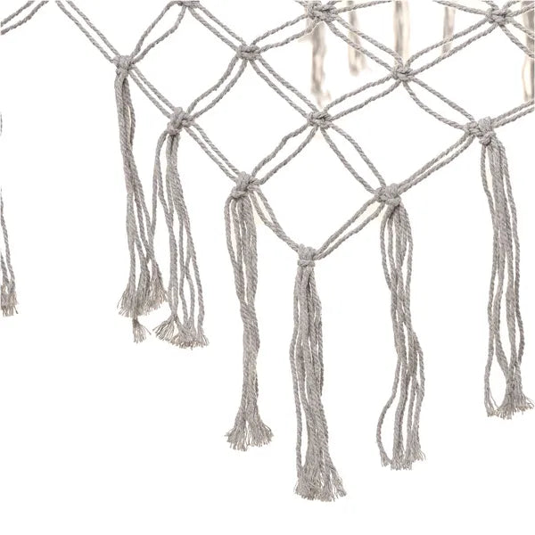 Boho szürke hálós függőágy rojtokkal, fa rúd, 200×100 cm, 150 kg