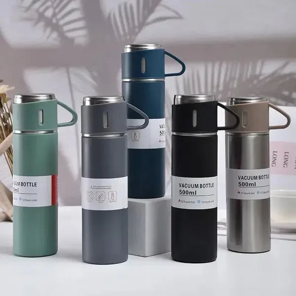 Herzberg rozsdamentes acél vákuumos utazó termosz 500 ml, 3 csészével