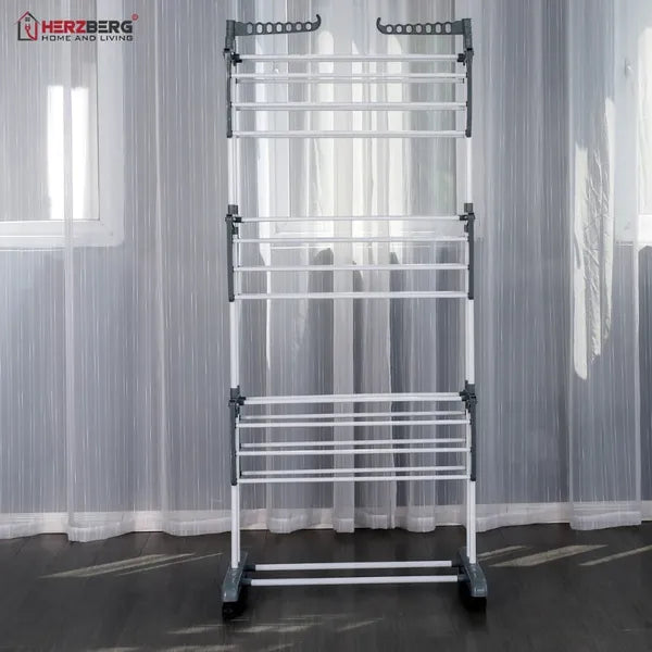 Herzberg gurulós, összecsukható 4 szintes ruhaszárító állvány, szürke, 172 cm
