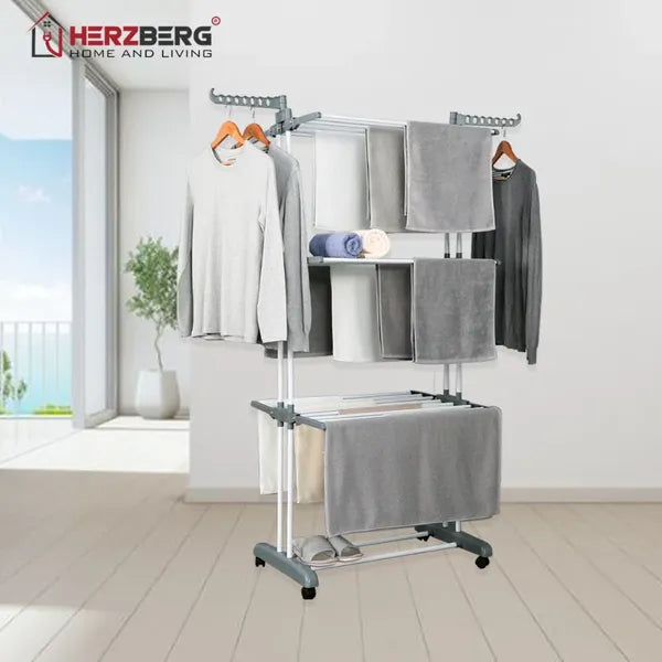 Herzberg gurulós, összecsukható 4 szintes ruhaszárító állvány, szürke, 172 cm