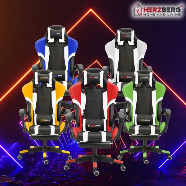 Ergonomikus gamer- és irodai szék, sárga, lábtartóval, 90-140° döntés, 120 kg