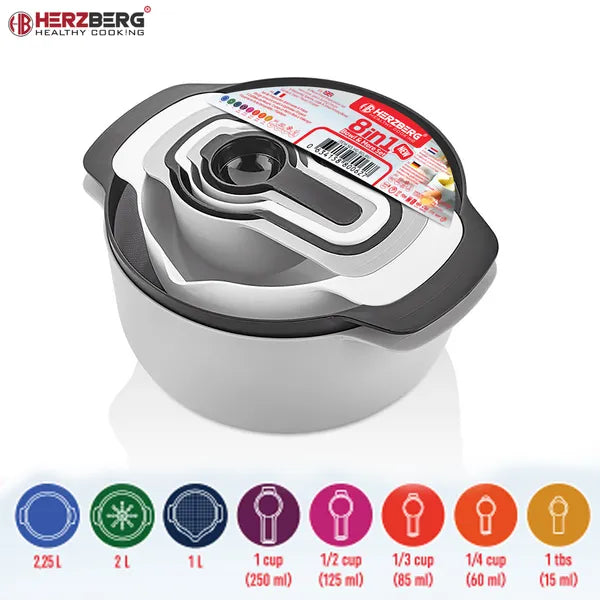 Herzberg 8 az 1-ben tál- és mérőkanál készlet, 2,25 L/2 L, BPA-mentes