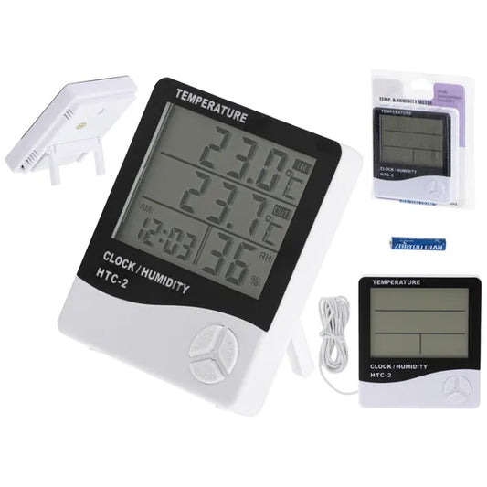 Digitális higrométer–hőmérő, óra, ébresztő, LCD kijelző, HTC-2