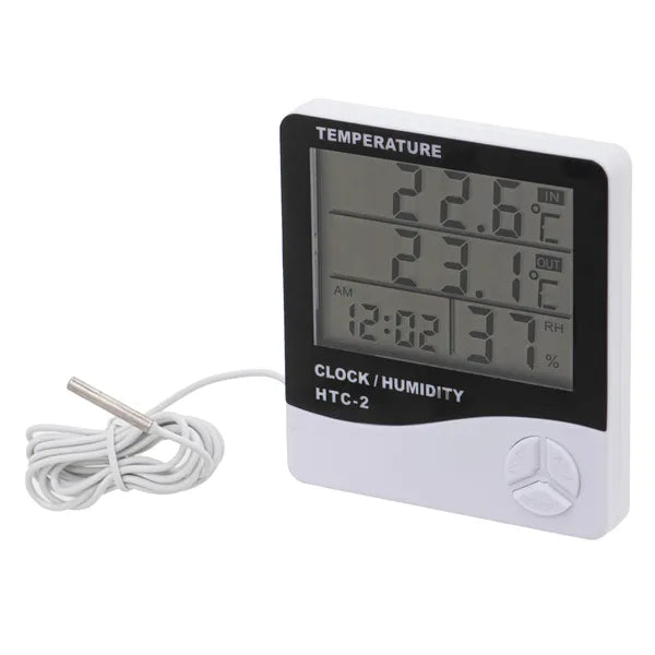 Digitális higrométer–hőmérő, óra, ébresztő, LCD kijelző, HTC-2
