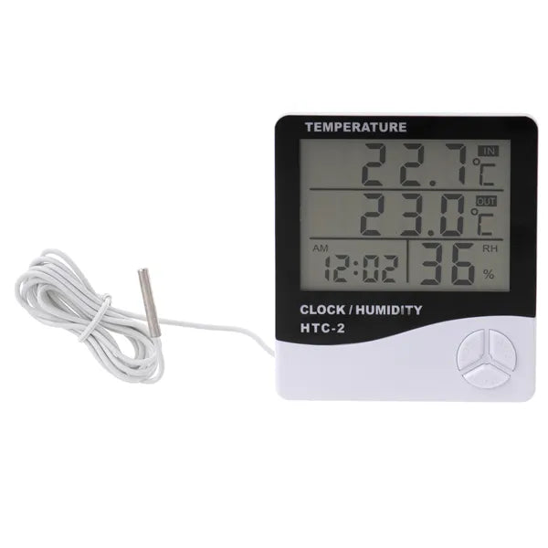 Digitális higrométer–hőmérő, óra, ébresztő, LCD kijelző, HTC-2