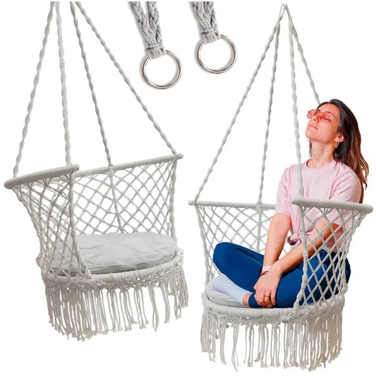 Kerti függő hintafotel, szürke boho fészek, Ø80 cm, 150 kg teherbírás