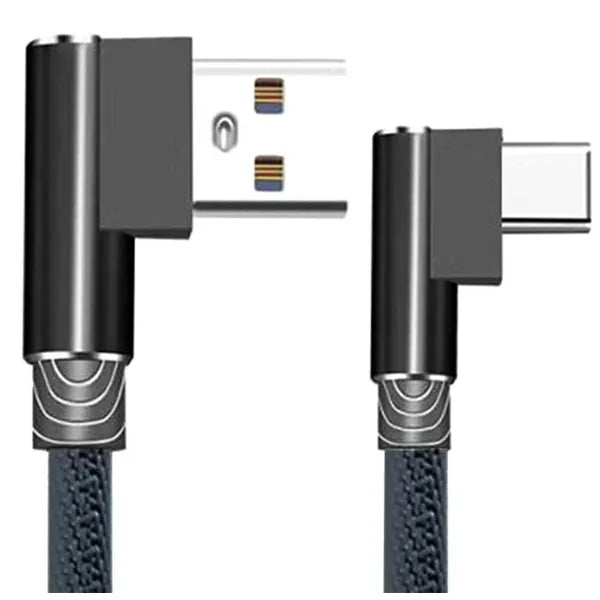 Fekete 1 m 90° USB-A–USB-C gyors­töltő kábel, nylon fonott, 2 A