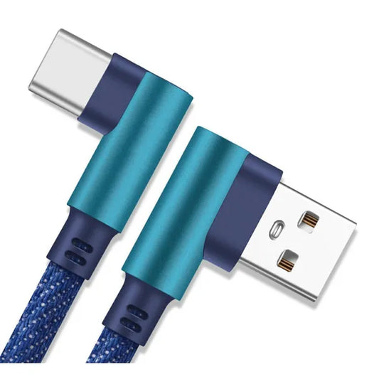USB-A–USB-C 90°-os kék nylon töltő- és adatkábel, 1 m, 2 A