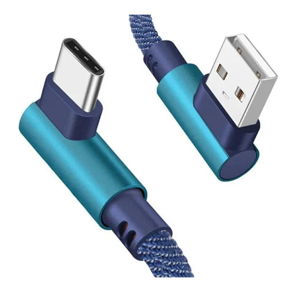 USB-A–USB-C 90°-os kék nylon töltő- és adatkábel, 1 m, 2 A