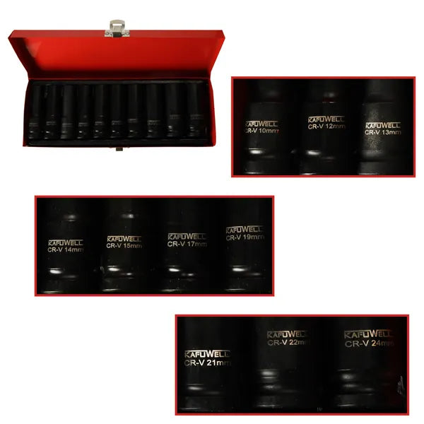 Krómacél hosszú légkulcs dugókulcs készlet 1/2'' 10-24 mm, 10 rész