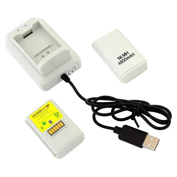 Xbox 360 USB töltőállomás + Play & Charge kábel, 2x 4800 mAh, fehér