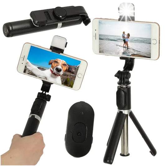 Bluetooth távirányítós LED selfie bot tripod, 105 cm, fekete