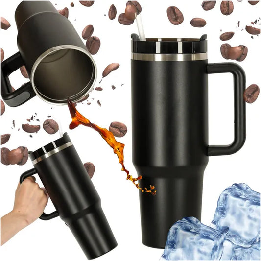Fekete 1200 ml rozsdamentes termoszbögre fogantyúval és szívószállal