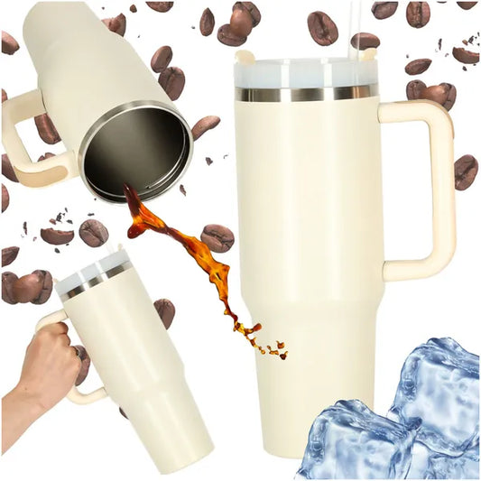 Krém színű rozsdamentes, szívószálas termoszbögre füllel, 1,2 l