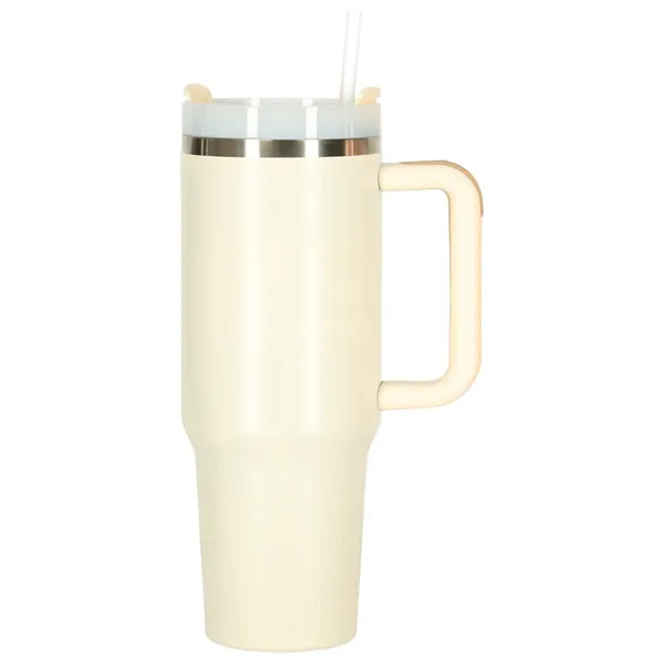 Krém színű rozsdamentes, szívószálas termoszbögre füllel, 1,2 l