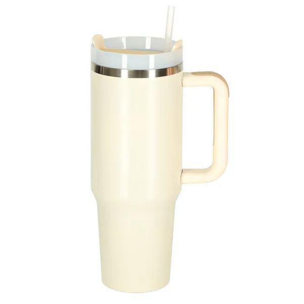 Krém színű rozsdamentes, szívószálas termoszbögre füllel, 1,2 l