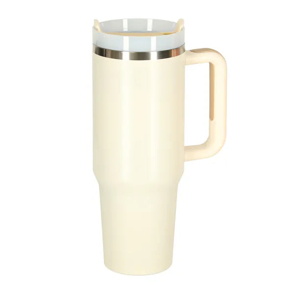 Krém színű rozsdamentes, szívószálas termoszbögre füllel, 1,2 l