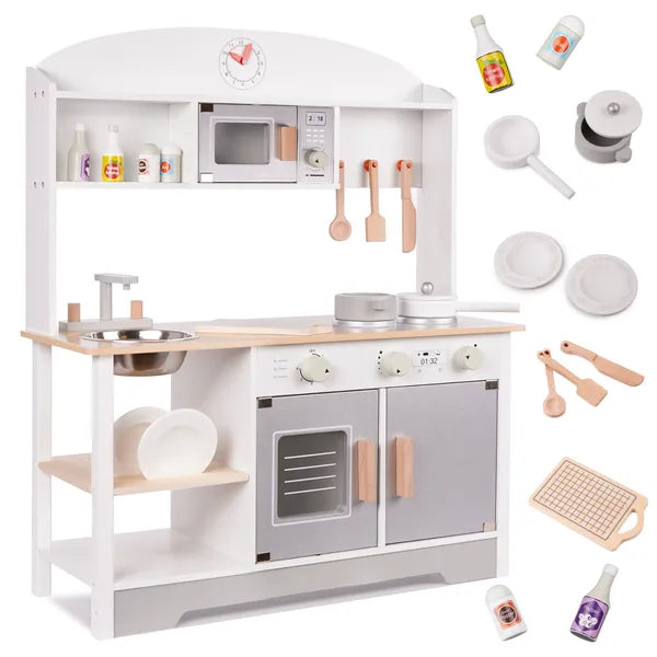 Gyerek fa MDF játékkonyha, szürke, 82 cm, kiegészítőkkel