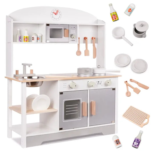 Gyerek fa MDF játékkonyha, szürke, 82 cm, kiegészítőkkel