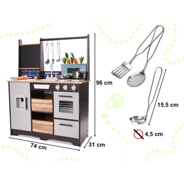 Fa gyerek játékkonyha MDF, Loft stílusú, 96 cm, fém edény- és zöldségszettel